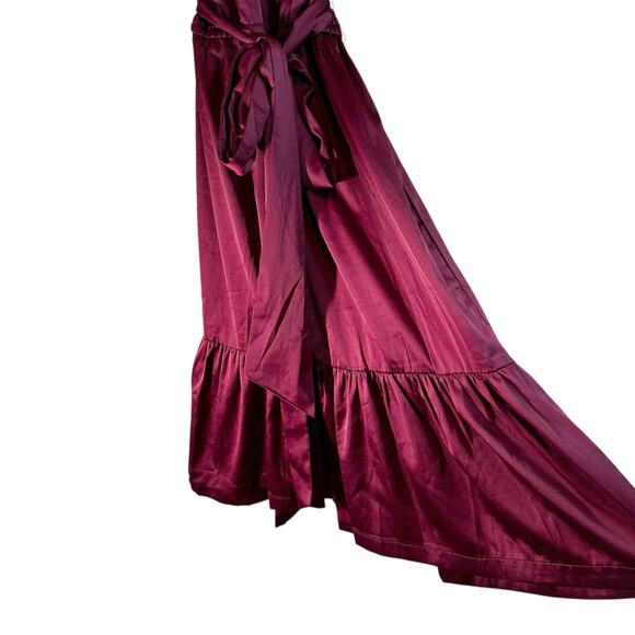 Boston Proper Ruffle Satin Tie Waist Midi Dress Cabernet Burgundy M Boho Retro - Picture 5 of 12